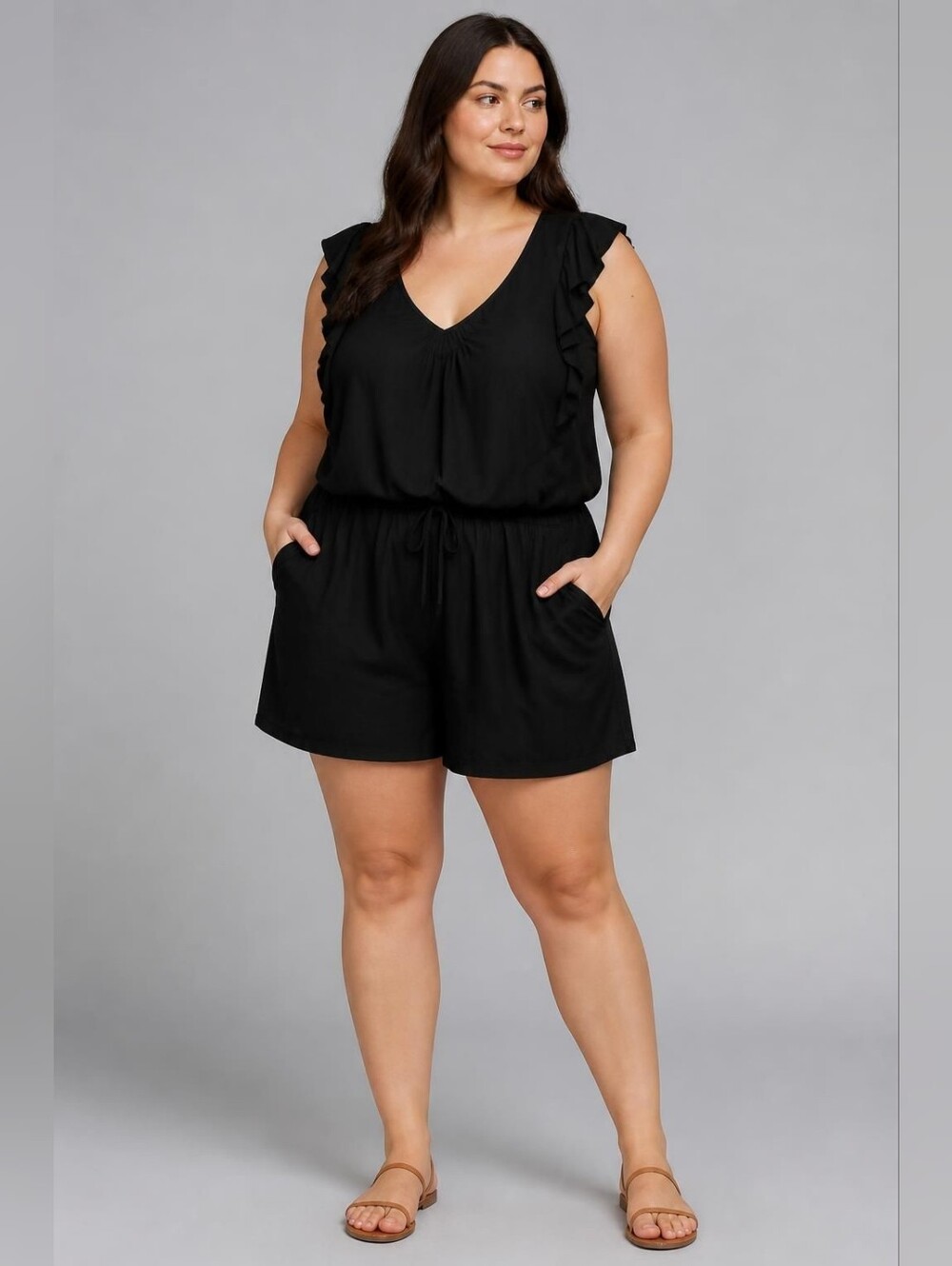 Smismivo XXL Black Sleeveless Ruffle Romper or Swimsuit With Pockets